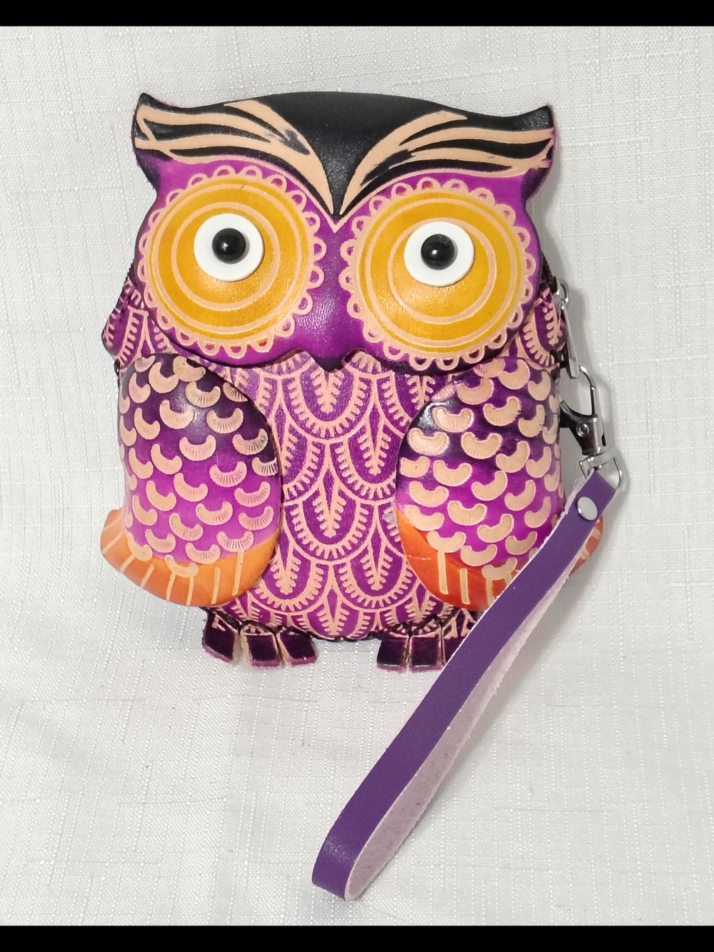 Tooled Leather Purple Owl Wristlet Coin Purse 5"x5"